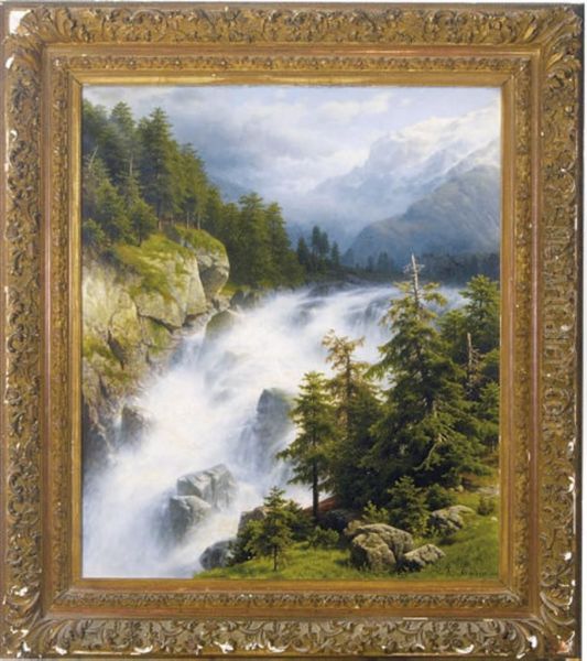 Waterfall In An Alpine Landscape Oil Painting by Joseph Jansen