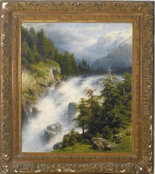 Waterfall In An Alpine Landscape Oil Painting by Joseph Jansen