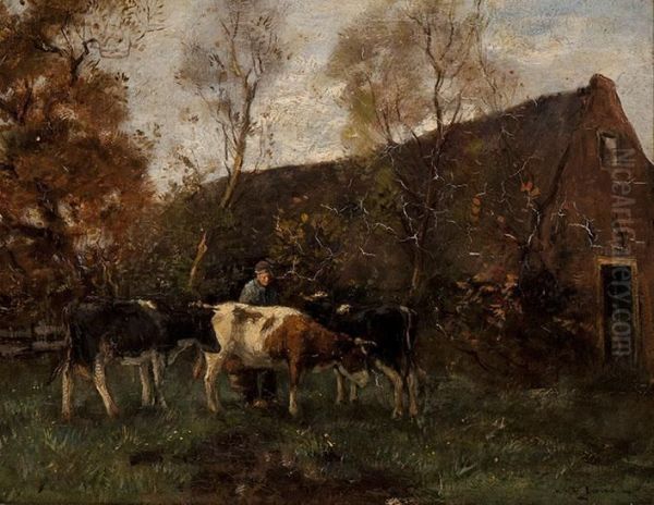 Cows On The Farmyard Oil Painting by Willem George Fred. Jansen