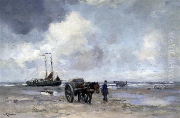 Shell Fisher And Fishing Boats At Low Tide Oil Painting by William George Frederick Jansen