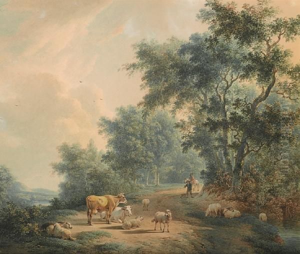 A Wooded Landscape With Cattle And Sheep Resting On A Track With Two Figures Behind Oil Painting by Johannes Janson