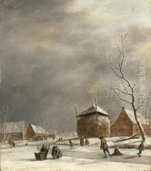 A Winter Landscape With Skaters On A Frozen River Near A Haystack Oil Painting by Johannes Janson