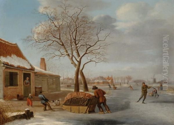 Winter Landscape Withskaters Oil Painting by Johannes Janson