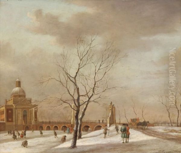 A View Of Themuiderpoort, Amsterdam, In Winter, With Skaters On The Frozensingelgracht An A Horse-drawn Carriage On The Road Oil Painting by Johannes Janson