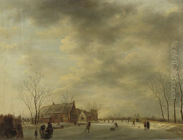 A Winter Landscape With Figures Skating And Sleighing On A Frozenriver, A Bridge And Houses Nearby Oil Painting by Johannes Janson