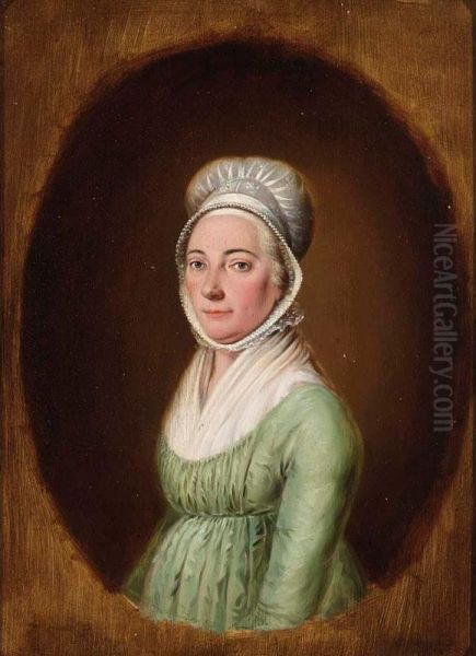 A Portrait Of A Young Lady, Standing Three-quarter Length, Wearing A Green Dress And A White Lace Hairdress, In A Painted Oval Oil Painting by Johannes Christian Janson