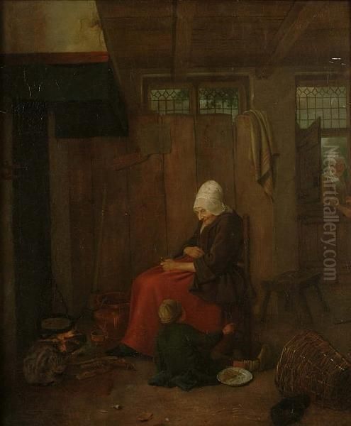 An Interior With Elderly Lady And A Young Boy Seated Before A Fire Oil Painting by Johannes Christian Janson