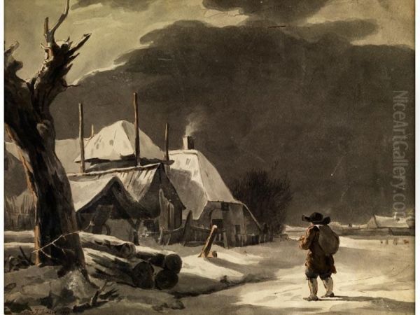 Bauer Vor Hutten In Verschneiter Landschaft Oil Painting by Johannes, Jacobus Janson