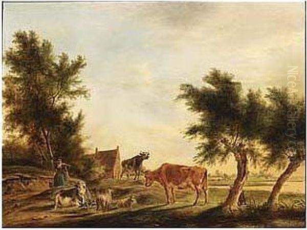 A Landscape With Cows And Sheep In A Meadow And A Milkmaid And A Farm Nearby Oil Painting by Johannes, Jacobus Janson