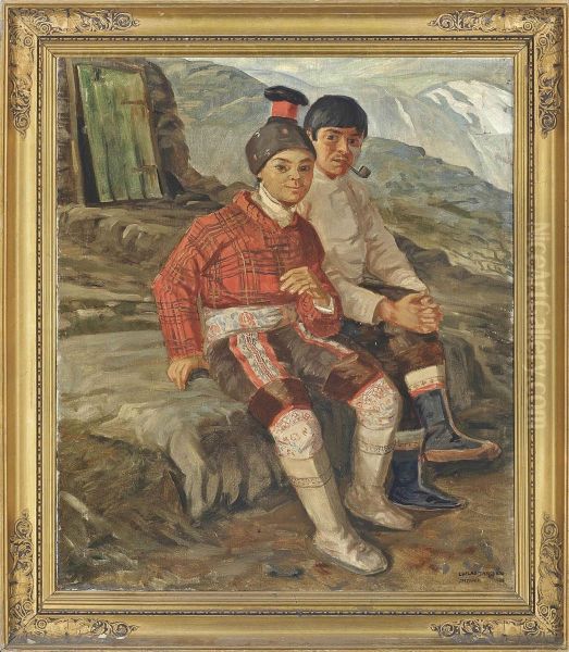 Two Inuits In A Rocky Landscape Near Upernivik Oil Painting by Luplau Janssen