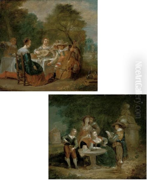 Elegant Company Making Music At A Table In A Landscape; And Elegant Company Listening To A Recital In A Classical Landscape Oil Painting by Hieronymus Janssens