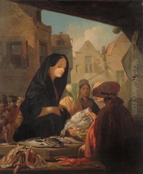 At The Fish Market Oil Painting by Johan Janssens