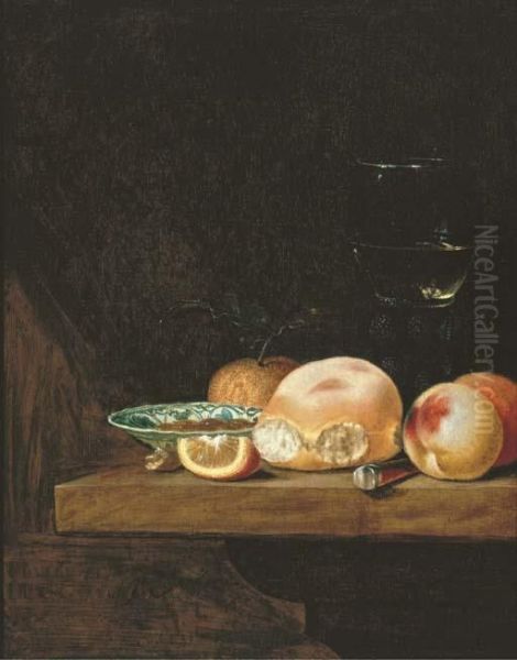 A Bread Roll, Peaches, An Orange, A Lemon Segment, A Porcelain Dishwith Nuts, A Knife And A Roemer On A Ledge Oil Painting by Pieter Janssens Elinga