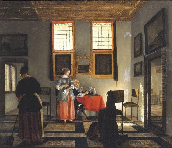 Interior Scene With Figures Seated At A Table Oil Painting by Pieter Janssens Elinga