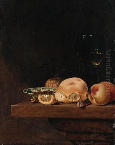 A Bread Roll, Peaches, An Orange, A Lemon Segment, A Porcelain Dishwith Nuts, A Knife And A Roemer On A Shelf Oil Painting by Pieter Janssens Elinga