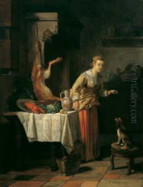 Kucheninterieur Mit Magd Und Hund Oil Painting by Victor Emile Janssens