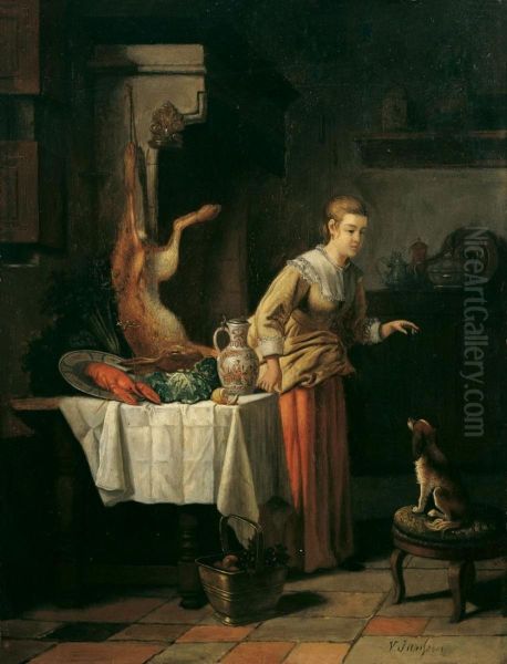 Kucheninterieur Mit Magdund Hund Oil Painting by Victor Honore Janssens