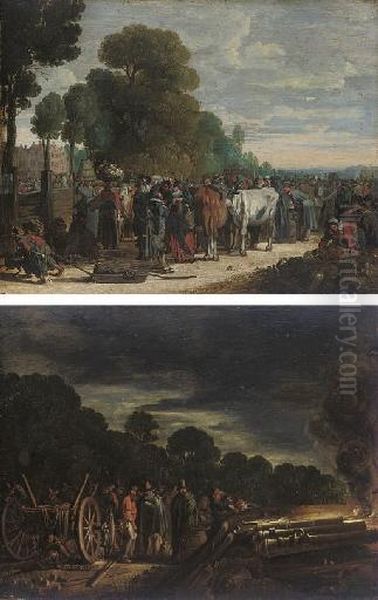 Earth: Elegant Figures At A Vegetable And Cattle Market; And Fire: Soldiers Assembled Around A Carriage With Canons Firing Oil Painting by Govert Jansz.