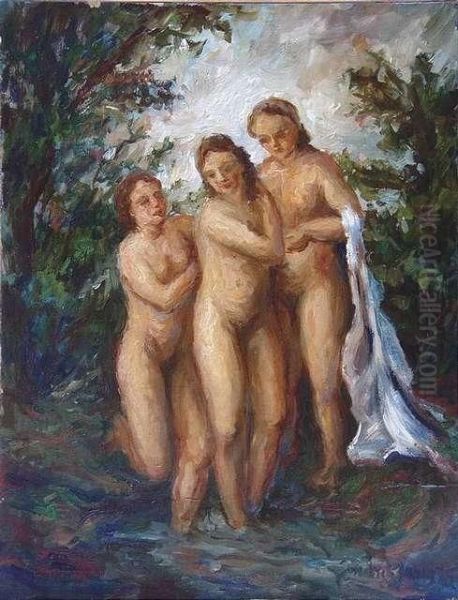 Jindrich, Janus: Three Female Nudes, 1943. Oil On Cardboard. Signed And Dated Oil Painting by Jindrich Janus