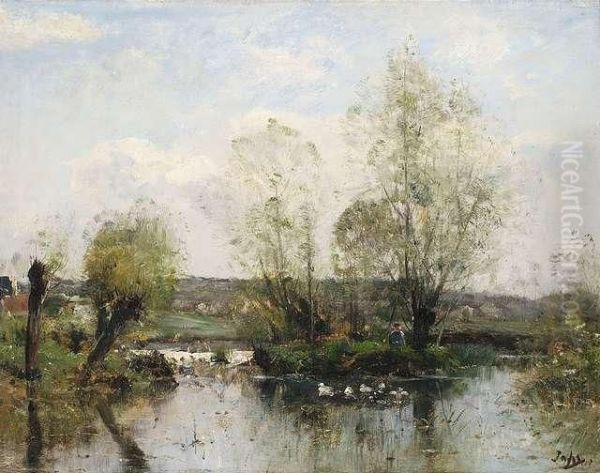 Summery Landscapewith A Pond. Oil Painting by Louis-Aime Japy