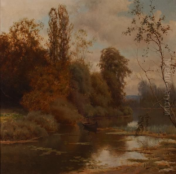 A River Scene With A Figure In A Rowboat Oil Painting by Jose Maria Jardines