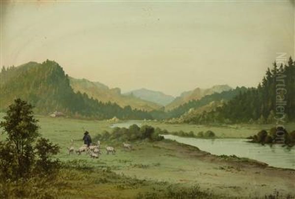 A Landscape With A Shepherd Oil Painting by Bohumil Jaros