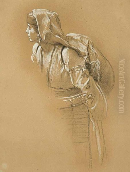 A Montenegrin Girl With A Knapsack On Herback Oil Painting by Eermak Jaroslav