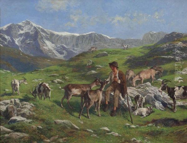 Ziegenhirten Auf Der Alm Oil Painting by Rudolf Alfred Jaumann