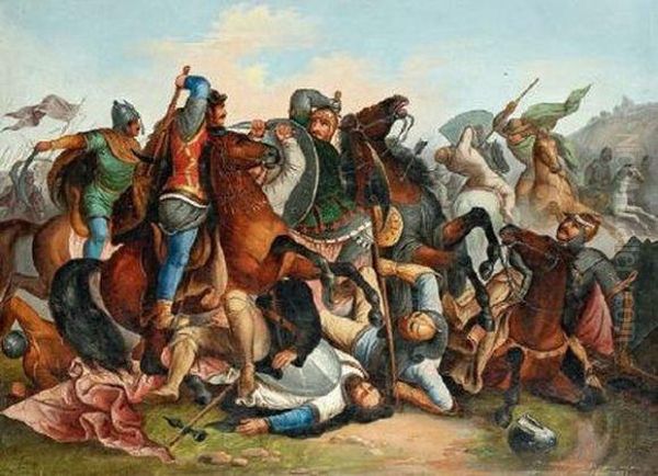 < Choc De Cavalerie A La Bataille Au Marchfeld Entre Lestroupes De Rodolphe De Habsbourg Et Du Roi De Boheme Ottokarii >. Oil Painting by Karl Jauslin