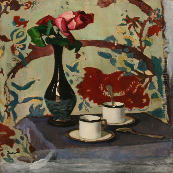 Still Life With Two Cups And A Vase With A Rose On Atable Oil Painting by Pal Javor