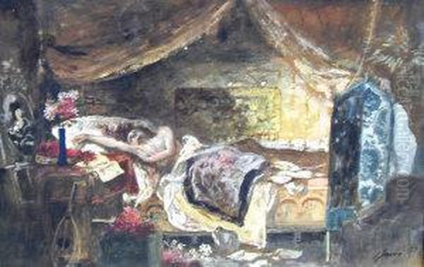 Sketch Of A Recumbent Figure In A Garret Oil Painting by Pal Javor