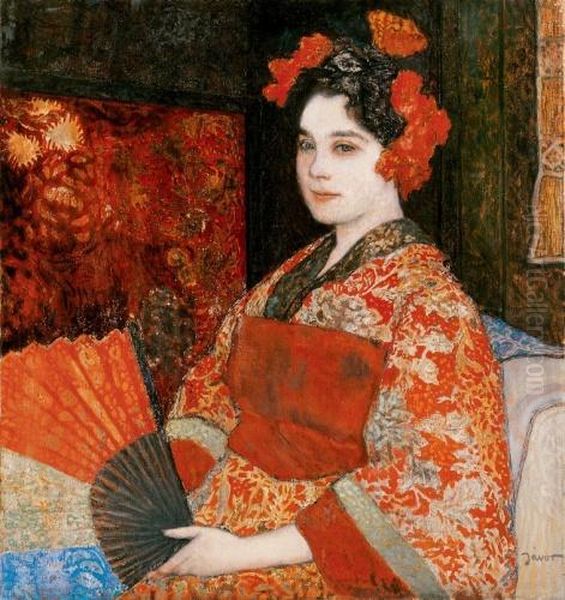 Woman In Japanese Kimono Oil Painting by Pal Javor