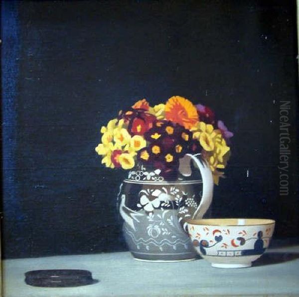 Hay Oil On Canvas Still Life Of A Bowl And Jug Of Flowers Signed And Dated 1928 20 X 20in Oil Painting by Cecil Jay