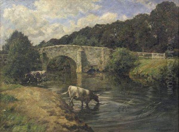 Cattle Watering By A River Bridge Oil Painting by Hamilton Jay