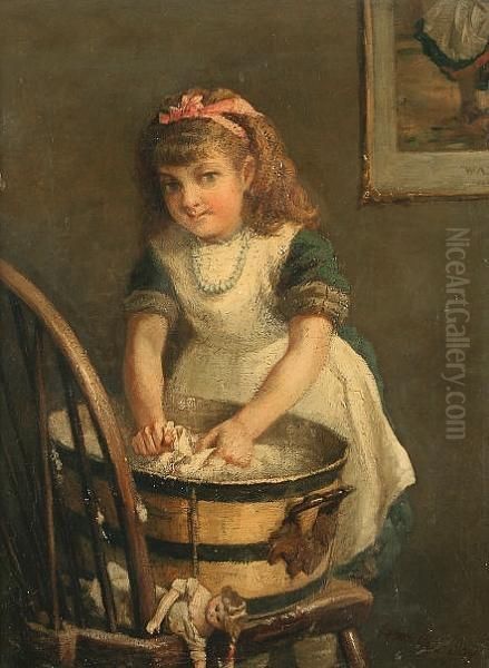 A Young Girl At A Washtub With Doll Oil Painting by Hamilton Jay