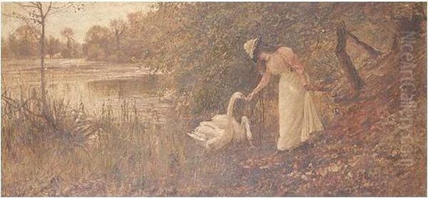 Feeding The Swans, Swanbourne Lake Arundel Oil Painting by Hamilton Jay