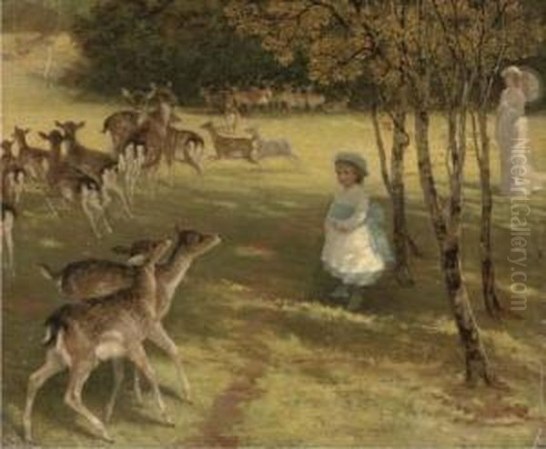 Feeding The Deer In The Park Oil Painting by William Samuel Jay