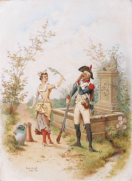 Militaire Et Jeune Fille A La Fontaine Oil Painting by Paul Leon Jazet