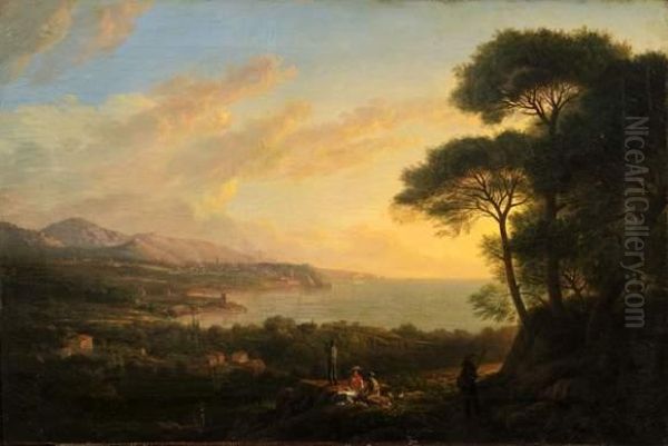 Vue Du Rivage Nord De Marseille Et De L'entree Du Port Prise Des Hauteurs Du Cap Pinede. Oil Painting by Jean Jacques Augustin Raymond Aubert