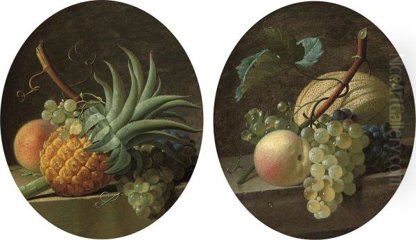 A Pineapple, Grapes, And A Peach On A Stone Ledge; And A Melon,grapes, And A Peach On A Stone Ledge Oil Painting by Jean Louis de Veilly