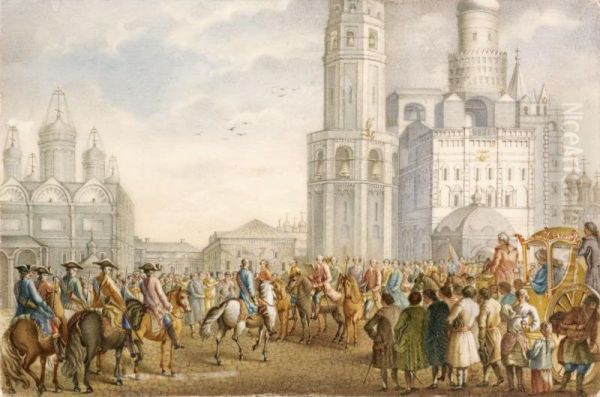 An Imperial Procession Inside The Kremlin With The Ivan The Terrible Belfry And The Cathedral Of The Assumption Beyond Oil Painting by Jean Louis de Veilly