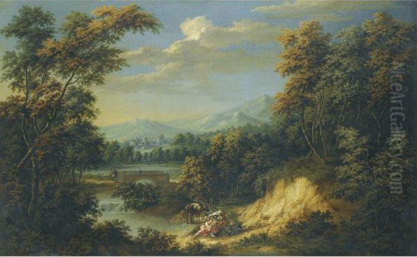 An Extensive Wooded River Landscape With Figures Resting In Theforeground, Travellers Approaching A Walled City Beyond Oil Painting by Philip Jean