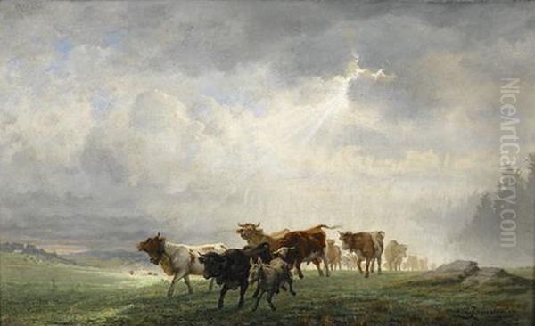 Vaches Chassees Par L'orage Oil Painting by Edouard Jeanmaire