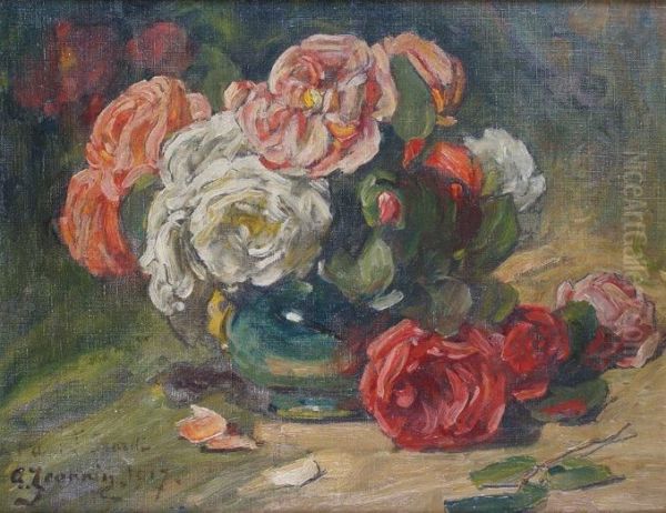 Vase De Roses Oil Painting by Georges Jeannin