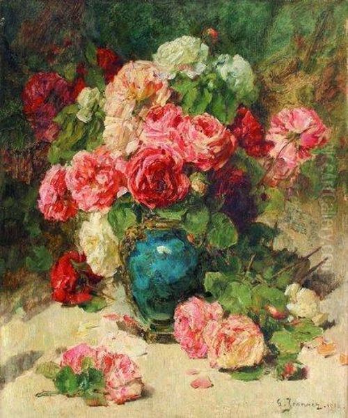 Vase De Roses Oil Painting by Georges Jeannin