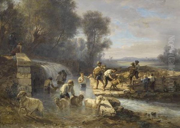 Schafherde Mit Hirten Bei Einer Stromschnelle. Oil Painting by Pierre Alexandre Jeanniot