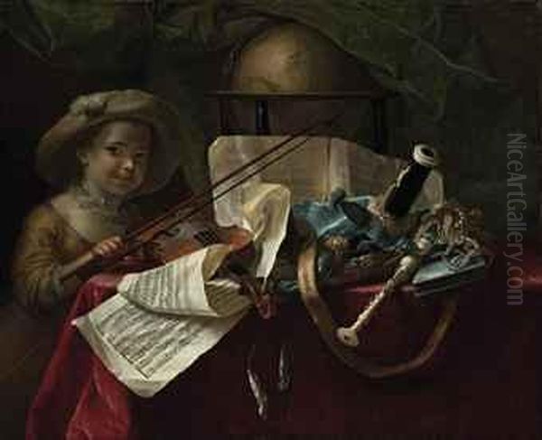 A Young Girl With A Violin, Other Instruments And A Musical Scoreon A Draped Table Oil Painting by Nicolas Henry Jeaurat De Bertry