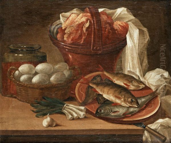 Still Life With Fish, Egg, Vegetables Andmeat Oil Painting by Nicolas Henry Jeaurat De Bertry