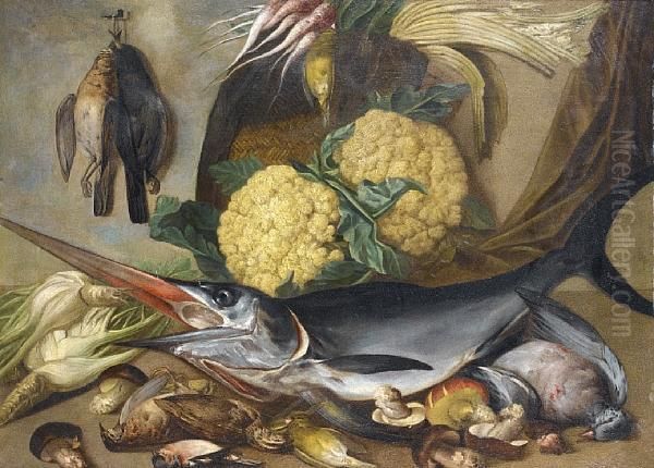 A Swordfish With Dead Birds And Mushrooms On A Table-top Before A Basket Filled With Cauliflowers And Other Vegetables Oil Painting by Nicolas Henry Jeaurat De Bertry