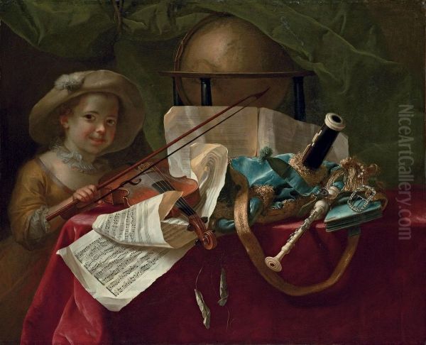 A Young Girl With A Violin, Other Instruments And A Musical Score On A Draped Table Oil Painting by Nicolas Henry Jeaurat De Bertry